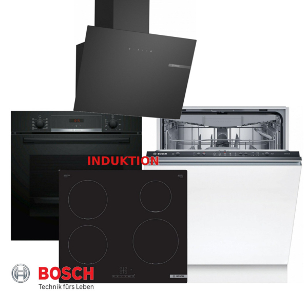 Bosch-Einbaubackofen-Induktion Kochfeld-Spülmaschine-Dunstabzugshaube 60cm Schwarz