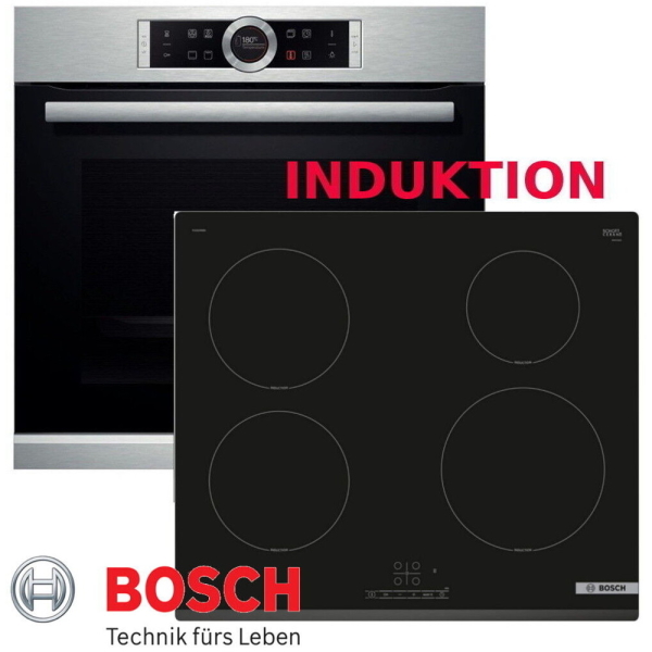 Bosch Herdset HBG634BS1 + PUE63RBB5E Autark Sielber Einbaubackofen mit Induktionkochfeld