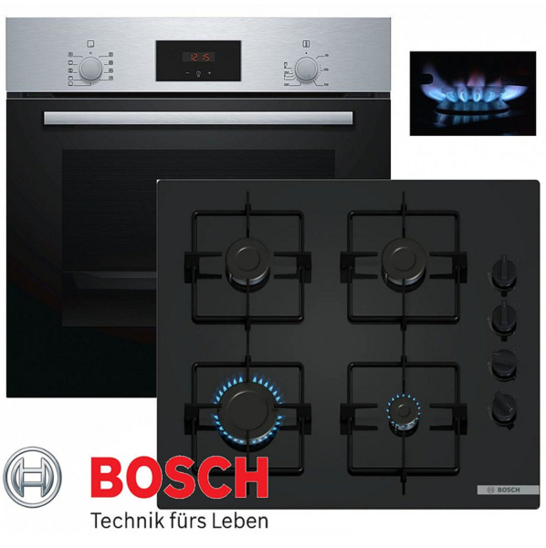 Bosch Gas Herdset Autark Elektro Backofen HBF114ES0 + Gas Kochfeld Glaskeramik