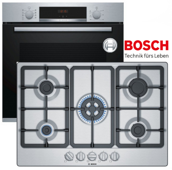 Bosch Gas Herdset Autark Elektro Backofen HBA534ES3 + Gas Kochfeld Edelstahl 75cm