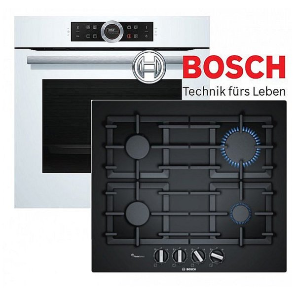 Bosch Gas Herdset Autark Elektro Backofen HBG634BW1 + Gas Kochfeld Glaskeramik