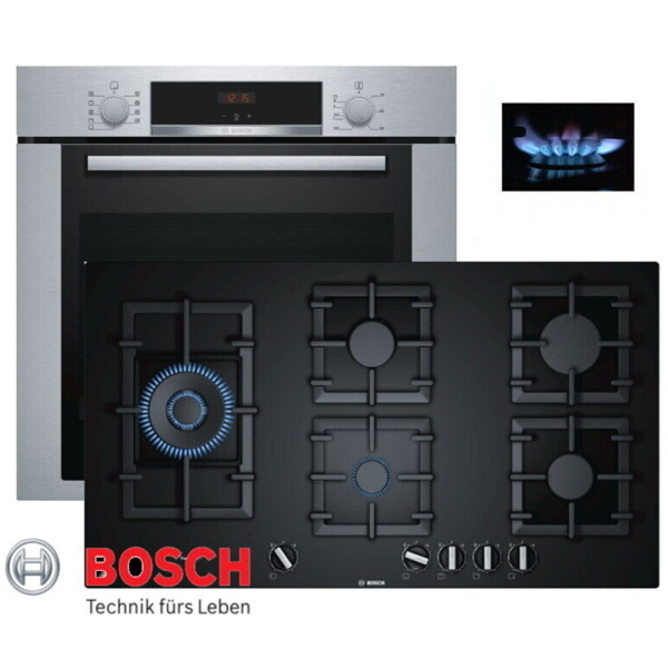 Bosch Gas Herdset Autark Elektro Backofen HBA3140S0 + Gas Kochfeld Glaskeramik 91,5cm