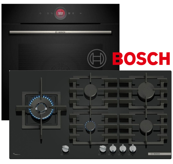 Bosch Gas Herdset Autark Elektro Backofen HBG7341B1 + Gas Kochfeld gehärtetes Glas 91,5 cm