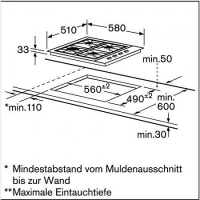 Bosch PBP6B5B80, Gaskochfeld, Autark, Oberfläche Edelstahl, 58x51 cm