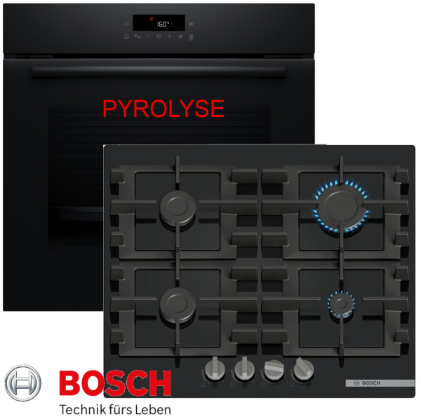 Gasherd Herdset Autark BOSCH Pyrolyse Backofen + GAS Glaskeramik Kochfeld PNP