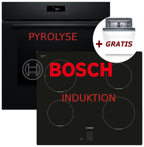 Bosch Herdset Pyrolyse-Selbstreinigung, Backofen Schwarz + Induktion Kochfeld + Gratis Bosch Spülmaschine 60cm